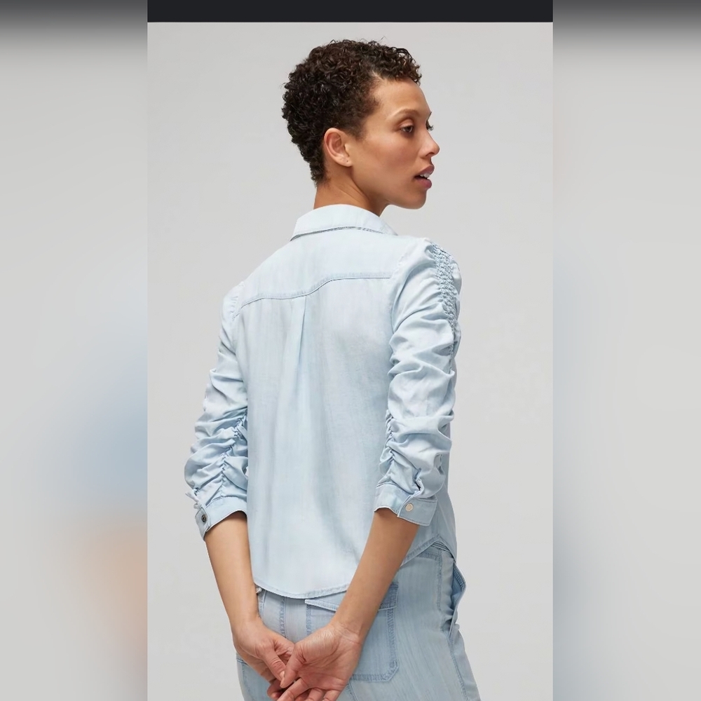 White House Black Market Light-Wash Denim Blouse with Ruched Sleeves